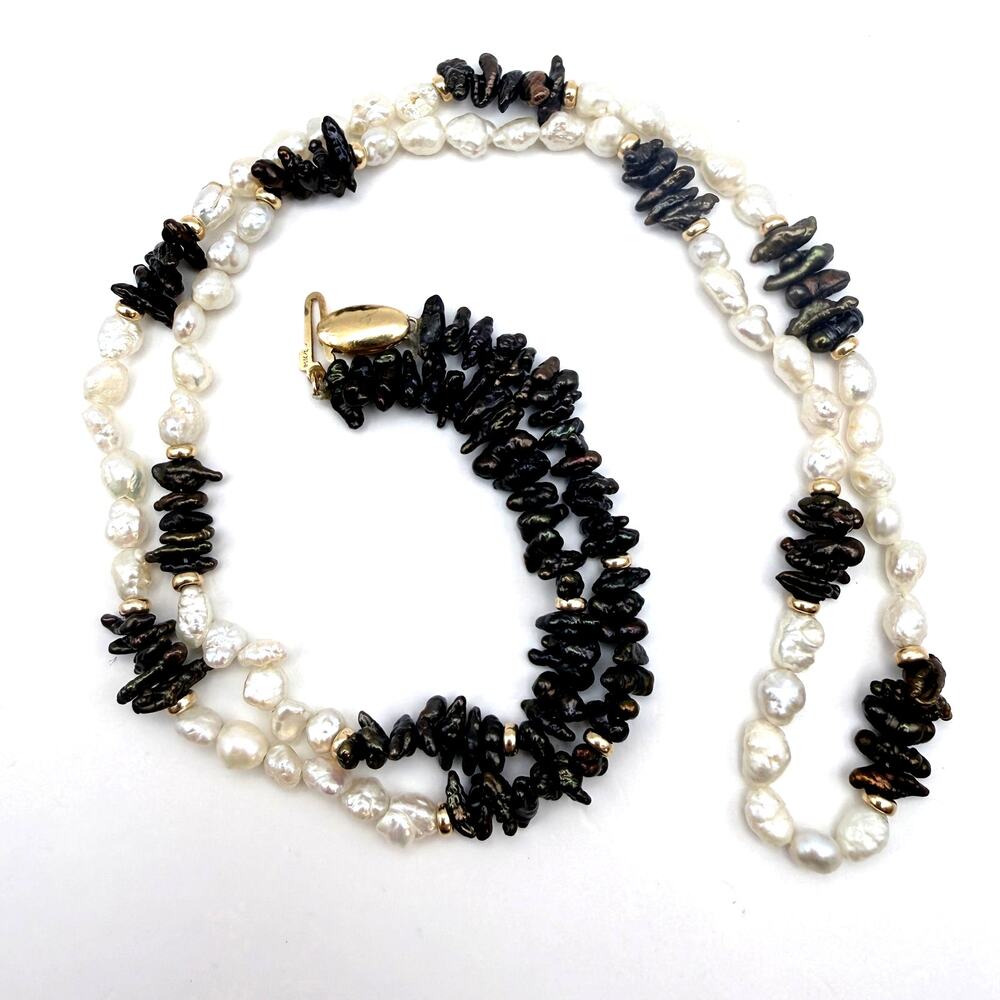 VTG 14K Gold Freshwater Biwa Rice Pearl Necklace Black and White LF Designs 24"
